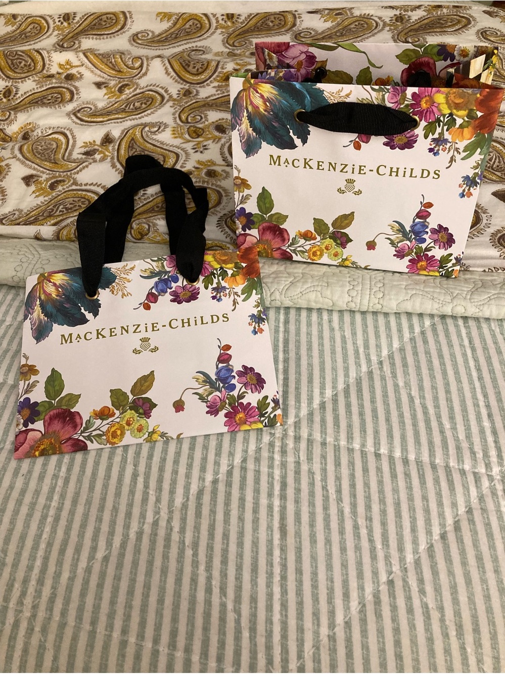 2- MINI MacKenzie-Childs Floral Gift Bags Black Grosgrain Ribbon Handles